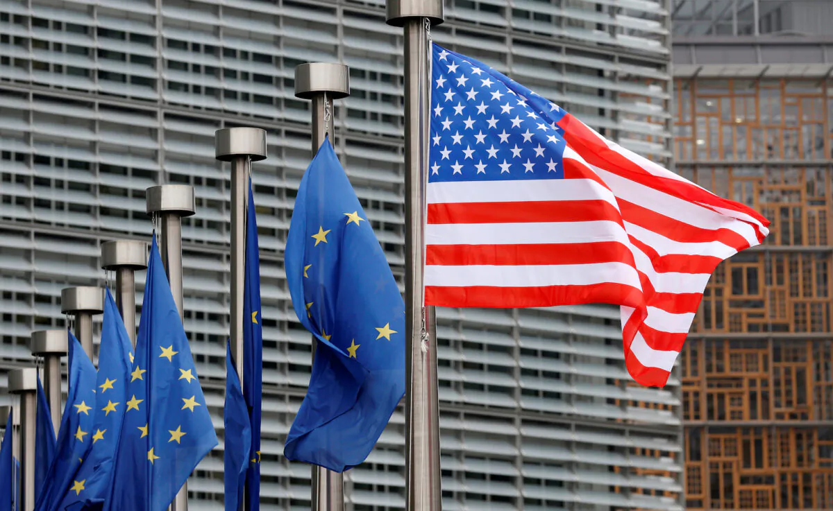 U.S. and European Union flags are pictured at the European Commission headquarters in Brussels, Belgium on Feb. 20, 2017. (Francois Lenoir/Reuters)