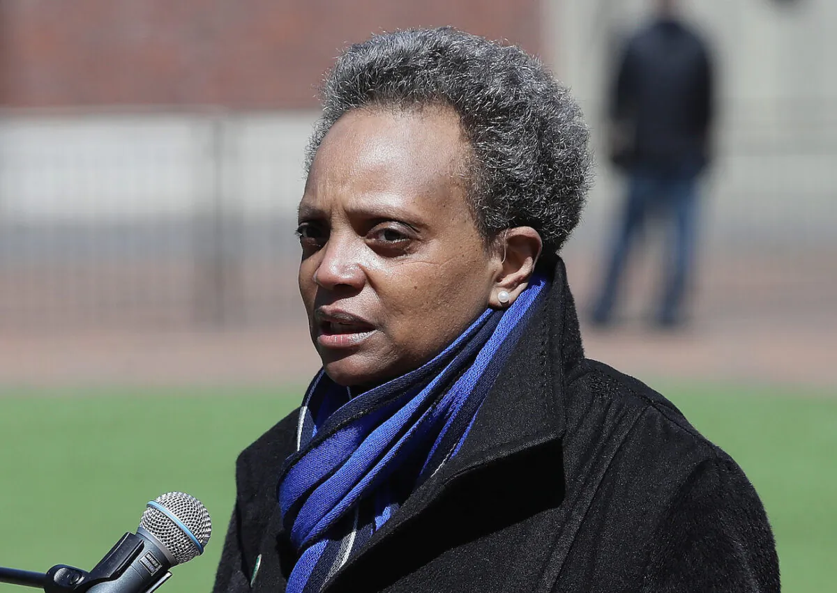 Chicago Mayor Lori Lightfoot speaks during a press outside of Wrigley Field in Chicago, Ill. on April 16, 2020. (Jonathan Daniel/Getty Images)