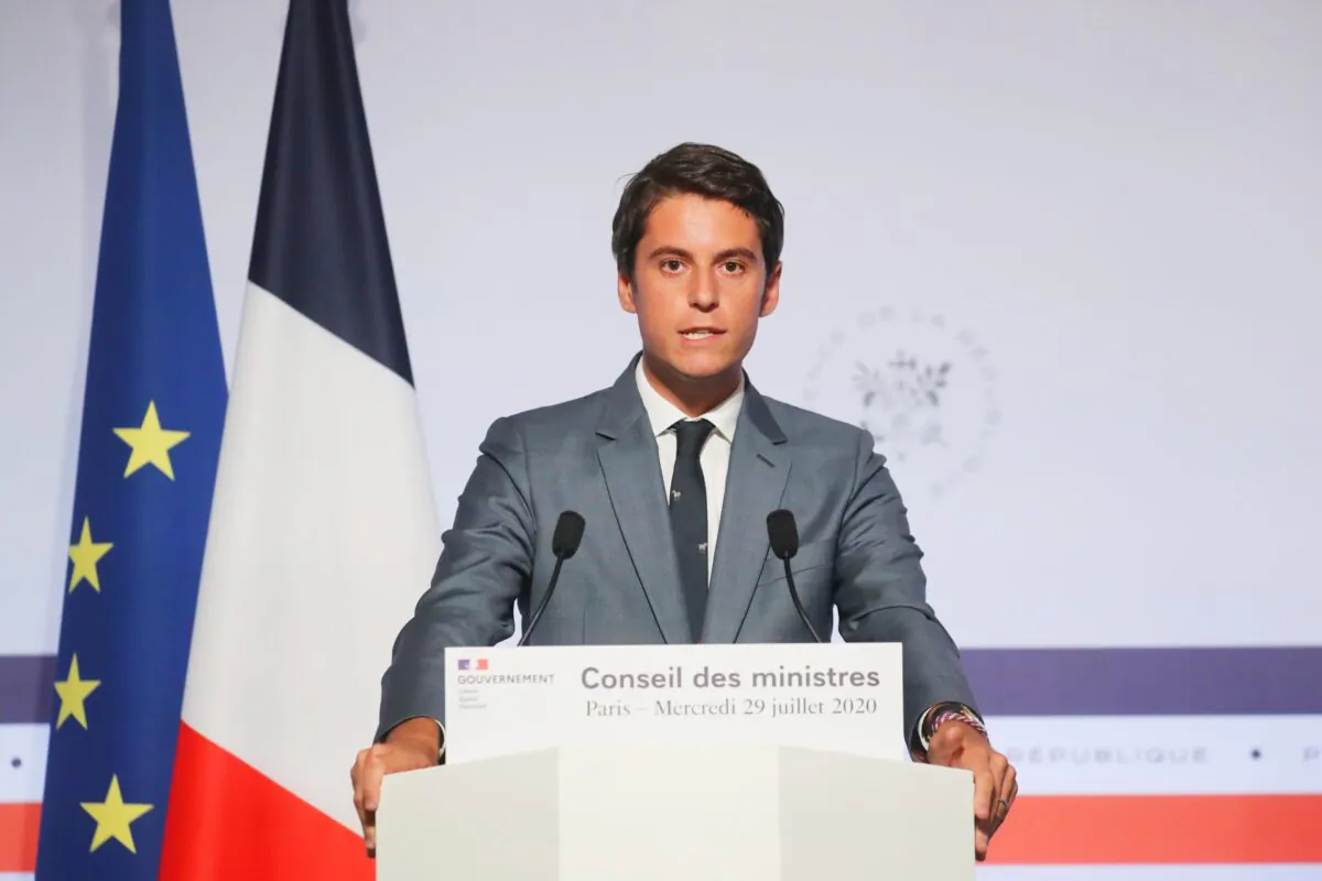Then French Government spokesperson Gabriel Attal delivers a speech after the weekly cabinet meeting at the Elysee Palace in Paris on July 29, 2020. (Ludovic Marin/Pool via Reuters)