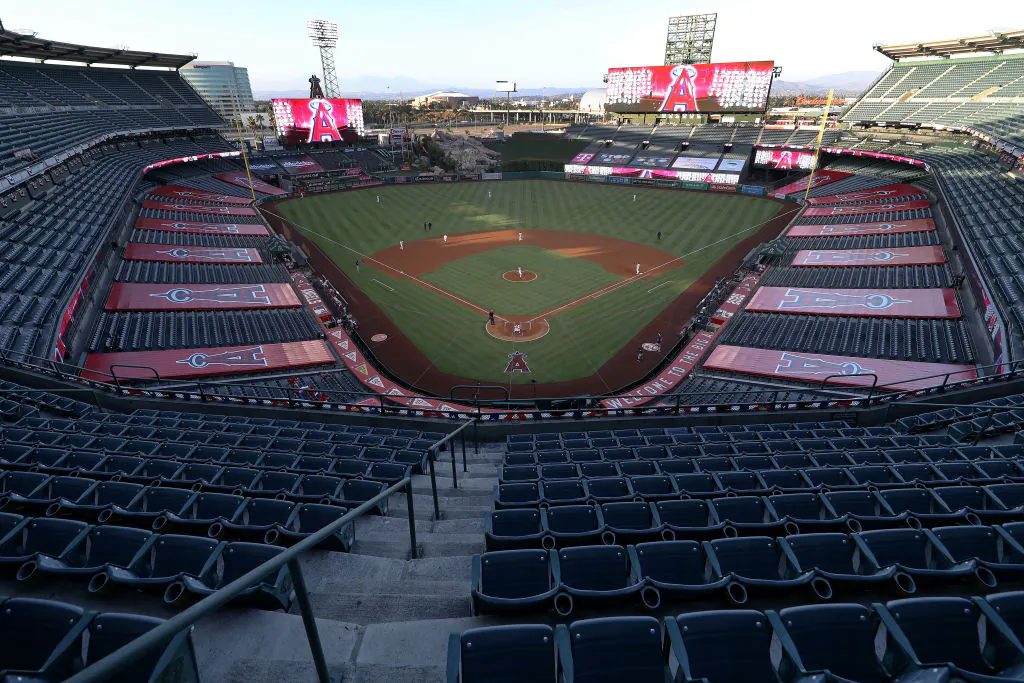 A general view of Angel Stadium of Anaheim  prior to the Los Angeles Angels home opener against the Seattle Mariners in Anaheim, Calif., on July 28, 2020. (Sean M. Haffey/Getty Images)