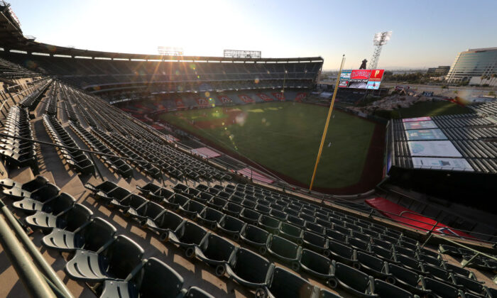 A general view of Angel Stadium of Anaheim  prior to the Los Angeles Angels home opener against the Seattle Mariners in Anaheim, Calif., on July 28, 2020. (Sean M. Haffey/Getty Images)