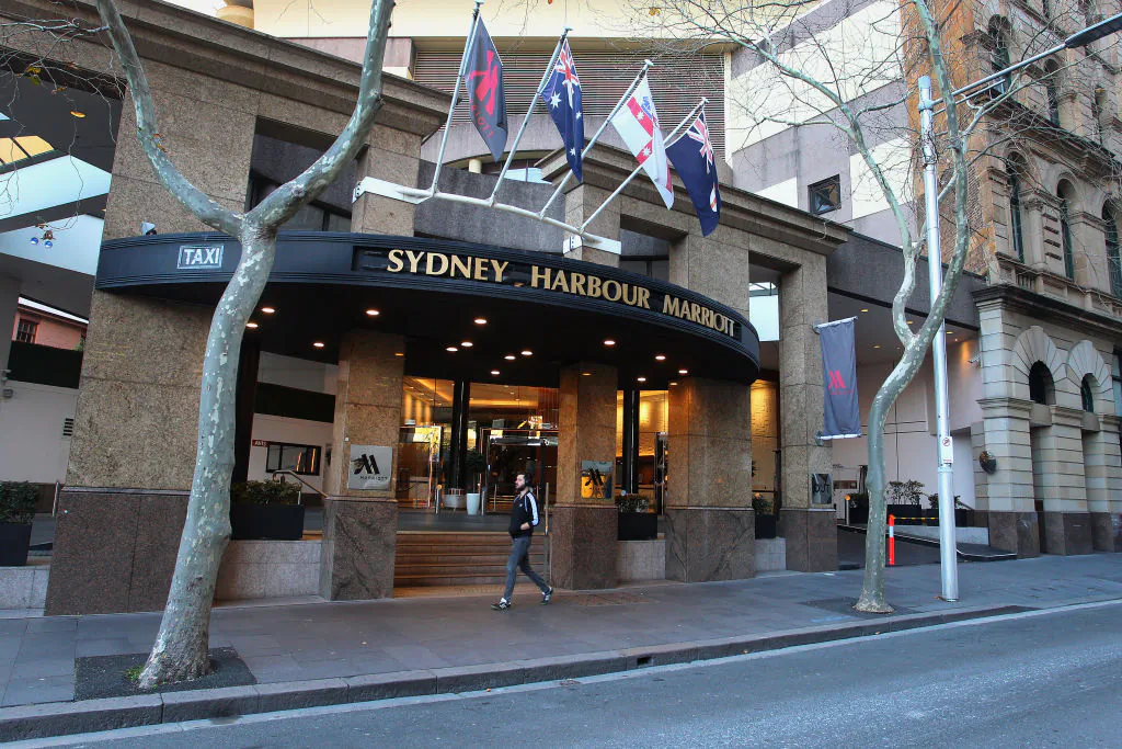 Sydney Harbour Marriott Hotel entrance at Circular Quay in Sydney, Australia on Aug. 19, 2020. (Lisa Maree Williams/Getty Images)