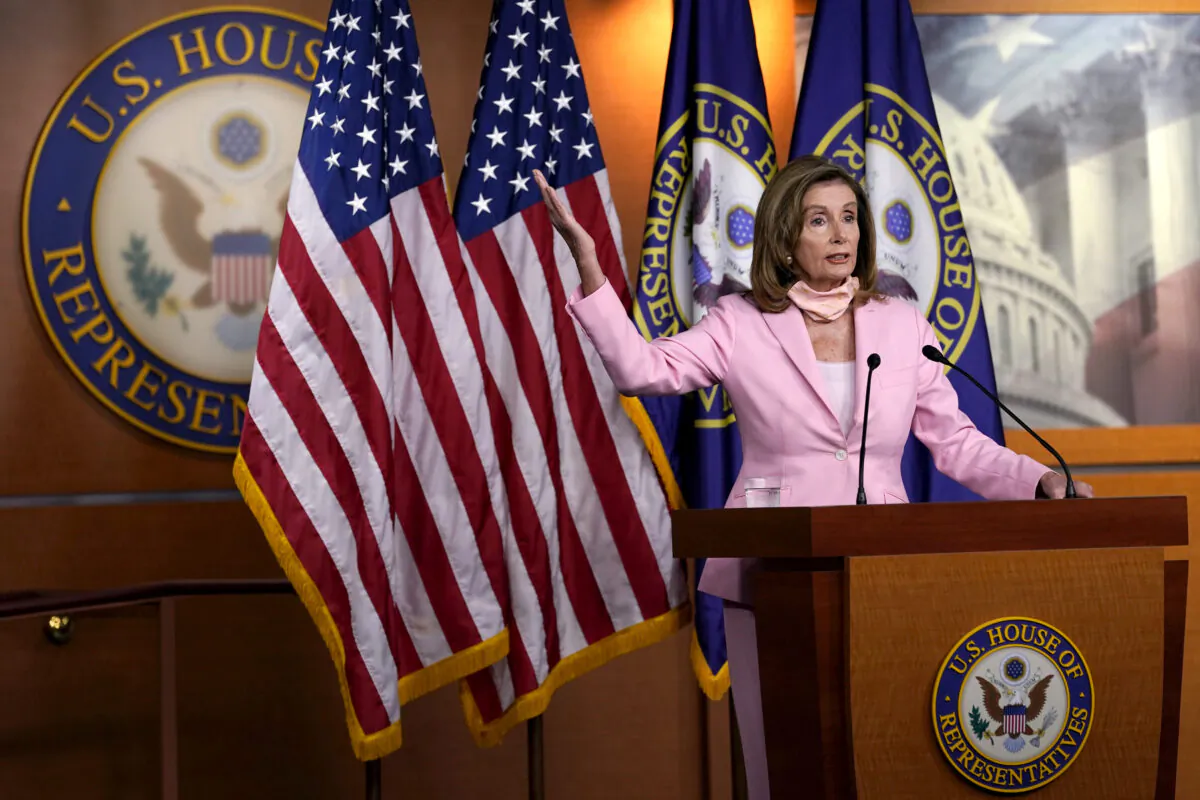 House Speaker Nancy Pelosi (D-Calif.) speaks during a news conference on Capitol Hill in Washington, on Aug. 22, 2020. (Susan Walsh/AP Photo)