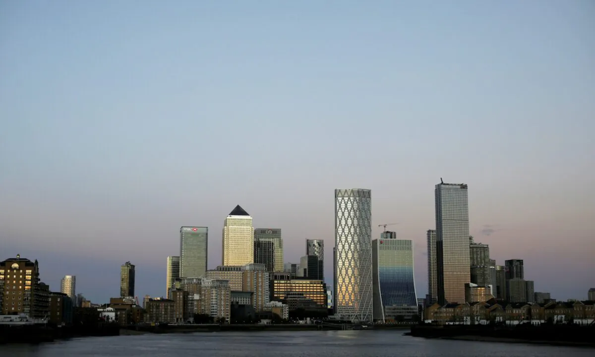 General view of the Canary Wharf financial district, following the outbreak of the CCP virus pandemic, in London, on May 5, 2020. (Marika Kochiashvili/Reuters)