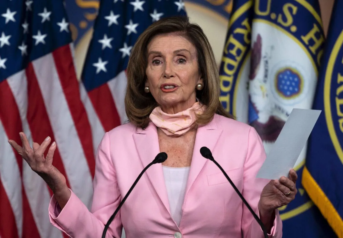 House Speaker Nancy Pelosi (D-Calif.) speaks during a press conference before the vote on the 'Delivering for America Act' to protect the postal system on Capitol Hill in Washington on Aug. 22, 2020. (Andrew Caballero-Reynolds/AFP via Getty Images)