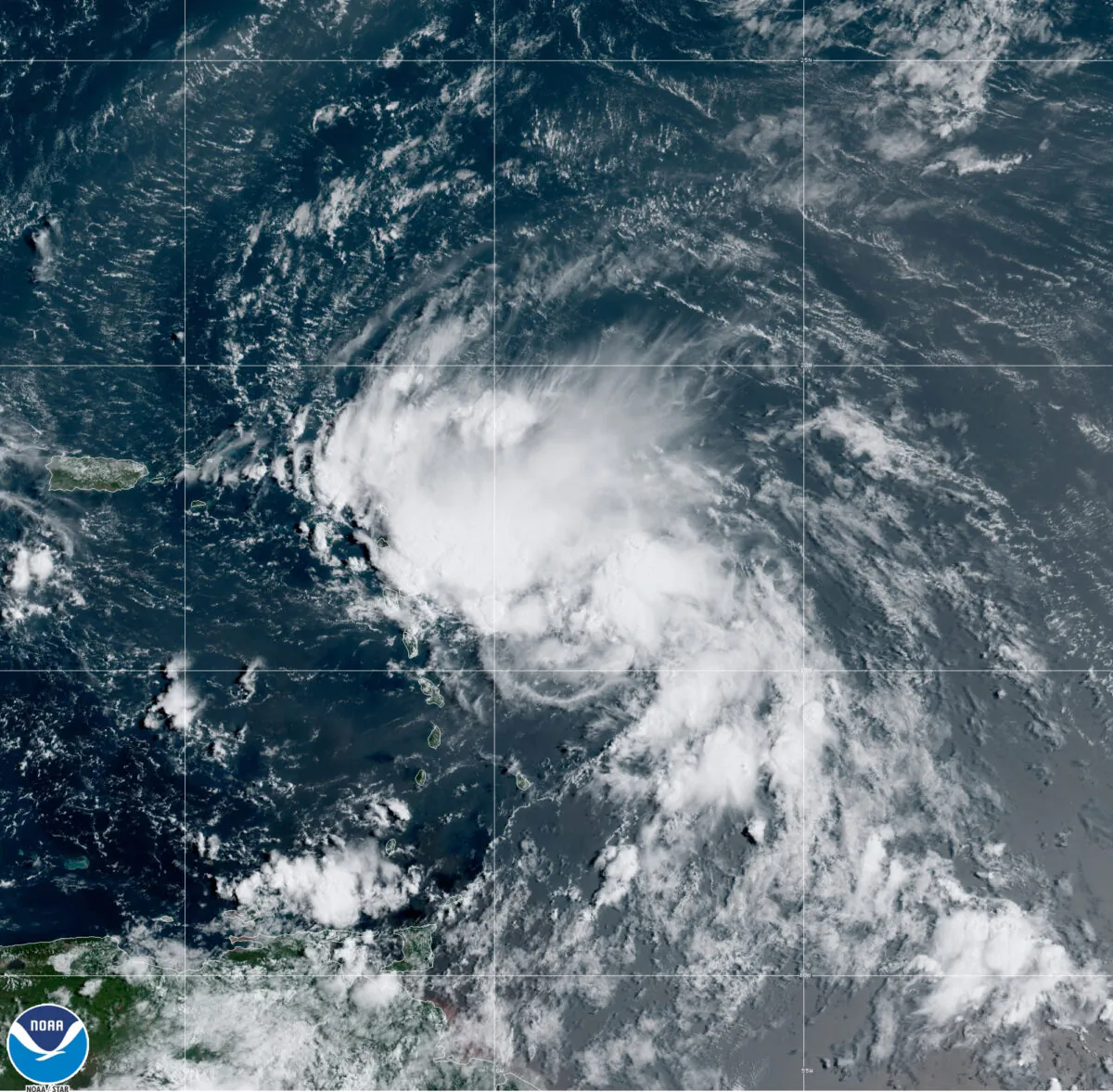 Tropical Storm Laura in the North Atlantic Ocean, on Aug. 21, 2020. (NOAA via AP)
