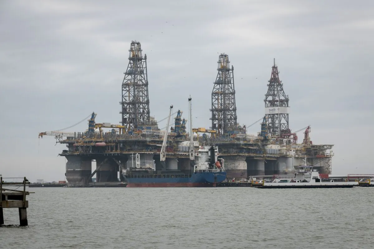 Defunct oil drilling rigs in the Corpus Christi Ship Channel at Aransas Pass in Port Aransas, Texas, on March 11, 2019. (Loren Elliott/AFP via Getty Images)