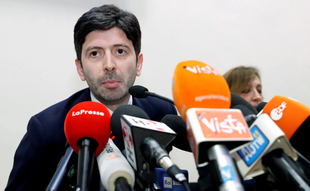 Italian Health Minister Roberto Speranza speaks to reporters after European health ministers held a meeting to discuss Italy's coronavirus outbreak, in Rome, on Feb. 25, 2020. (Remo Casilli/Reuters)