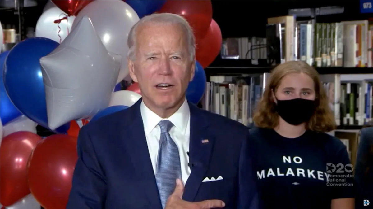 Democratic presidential nominee former Vice President Joe Biden gives a thank you speech with supporters during the virtual 2020 Democratic National Convention on Aug. 18, 2020. (Handout/DNCC via Getty Images)