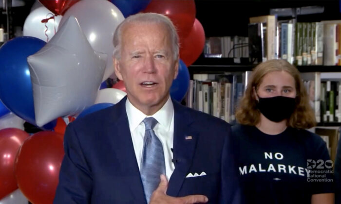 Democratic presidential nominee former Vice President Joe Biden gives a thank you speech with supporters during the virtual 2020 Democratic National Convention on Aug. 18, 2020.  (Handout/DNCC via Getty Images)