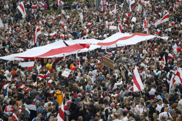 Thousands of people protest Independence square Minsk Belarus