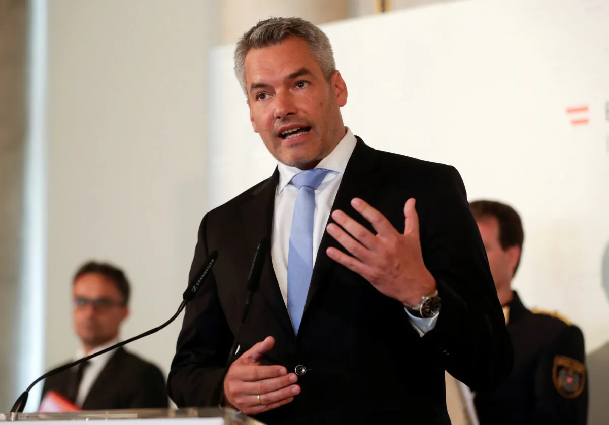 Austrian Interior Minister Karl Nehammer addresses a news conference in Vienna on Aug. 24, 2020. (Leonhard Foeger/Reuters)