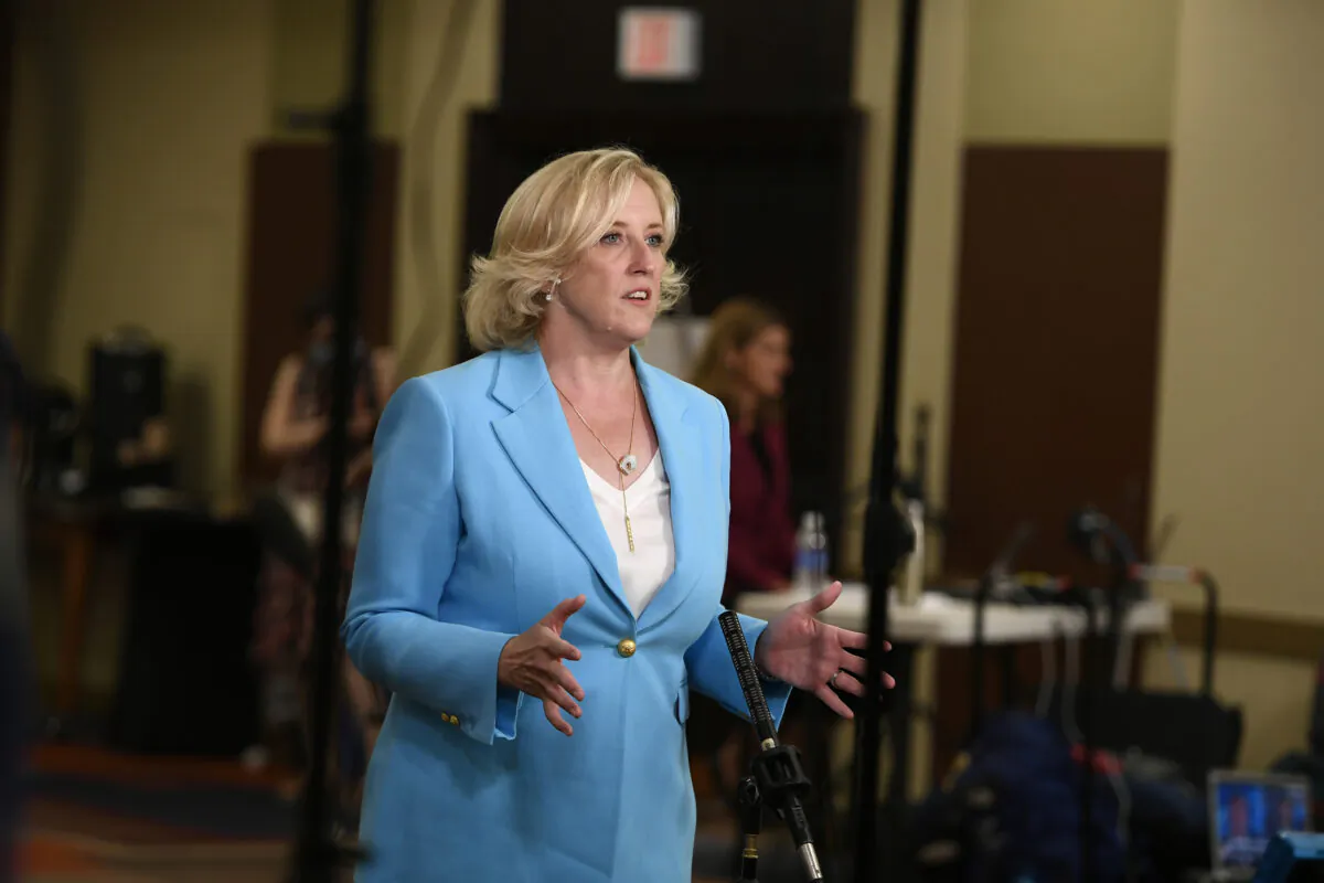 Lisa Raitt, co-chair of the Conservative leadership race, speaks during a live television broadcast to provide an update on the timing of the announcement for the new leader of the Conservative Party of Canada, as the party experiences issues with ballot counting, in Ottawa on Aug. 23, 2020. (The Canadian Press/Justin Tang)