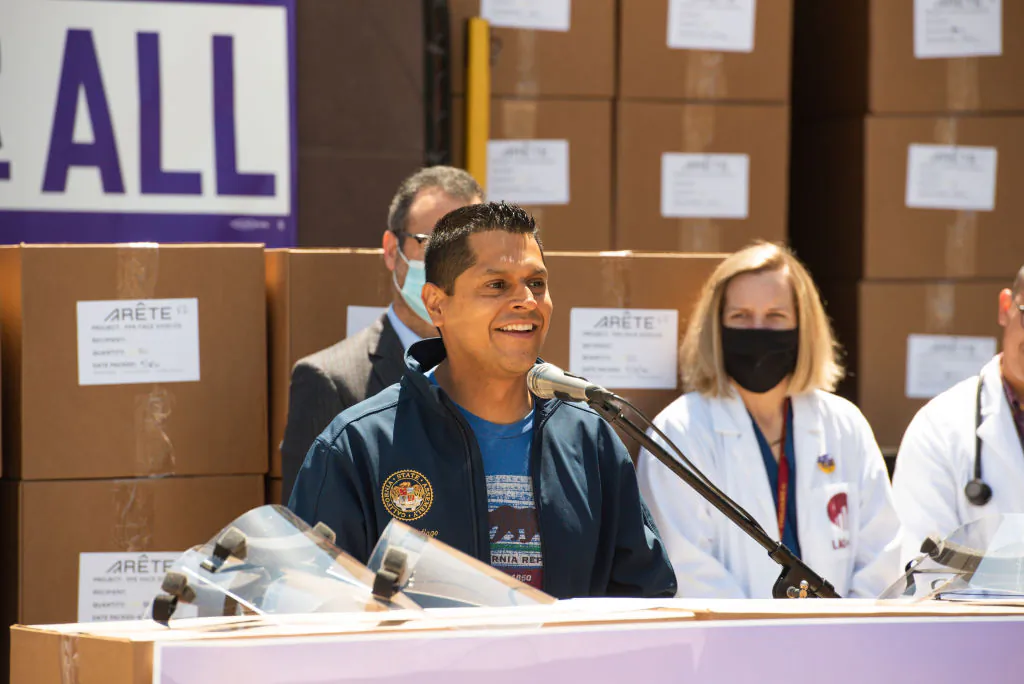 A file photo of California Assemblyman Miguel Santiago speaking at a press conference at LA County + USC Medical Center in Los Angeles, Calif., on April 14, 2020. (Presley Ann/Getty Images for Emergency Supply Donor Group)