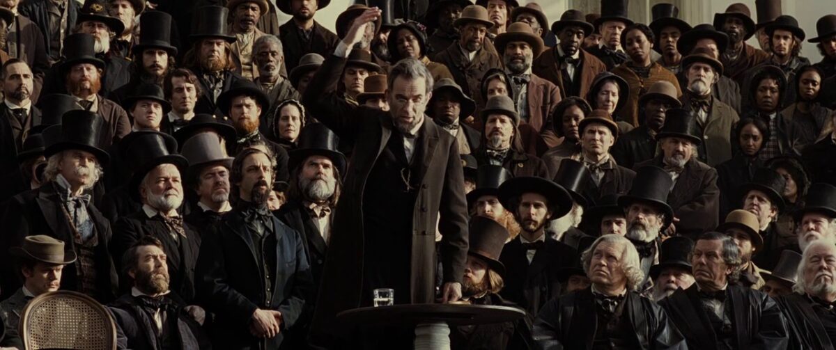 man lecturing before a crowd in "Lincoln"
