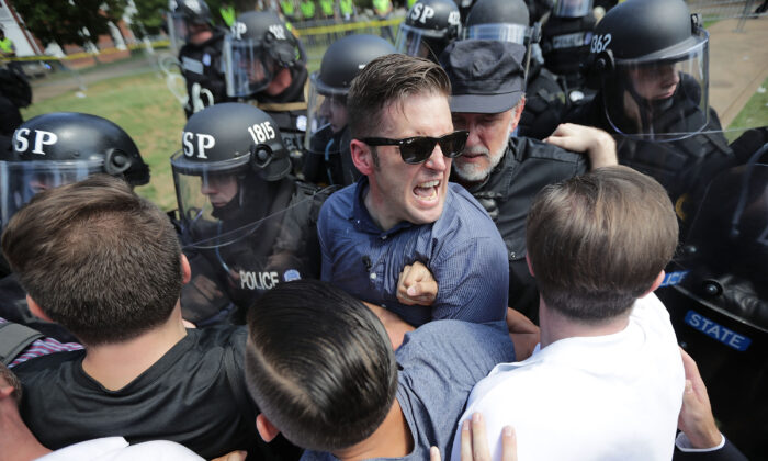 White nationalist Richard Spencer and his supporters clash with Virginia State Police in Emancipation Park after the "Unite the Right" rally was declared an unlawful gathering in Charlottesville, Va., on Aug. 12, 2017. (Chip Somodevilla/Getty Images)
