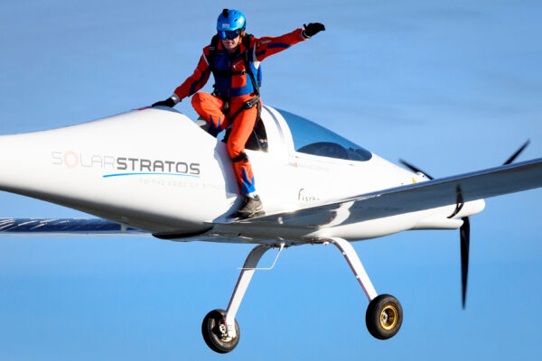 Swiss adventurer Raphael Domjan jumps from the SolarStratos