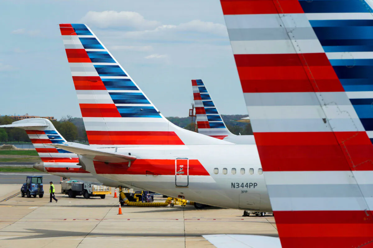 A member of a ground crew walks past American Airlines planes parked at the gate during the coronavirus disease outbreak at Ronald Reagan National Airport in Washington., on April 5, 2020.
(Joshua Roberts via Reuters)