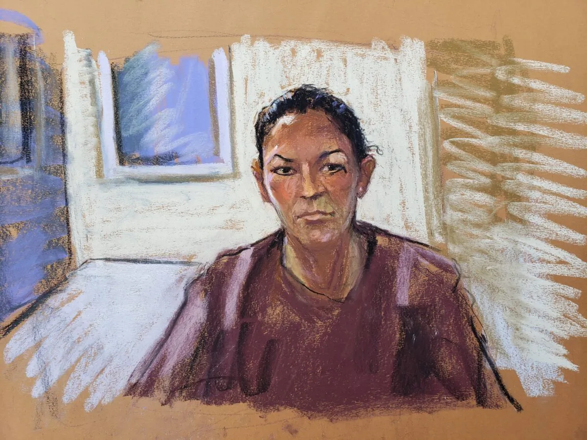 Ghislaine Maxwell's courtroom sketch when she appears via video link during her arraignment hearing in Manhattan Federal Court, N.Y., on July 14, 2020. (Jane Rosenberg via Reuters)