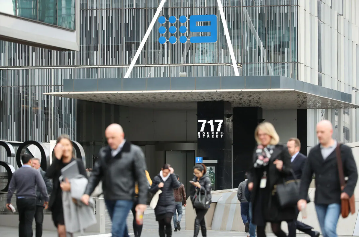 The Nine logo is seen on the outside of their offices on July 26, 2018 in Melbourne, Australia.  (Scott Barbour/Getty Images)