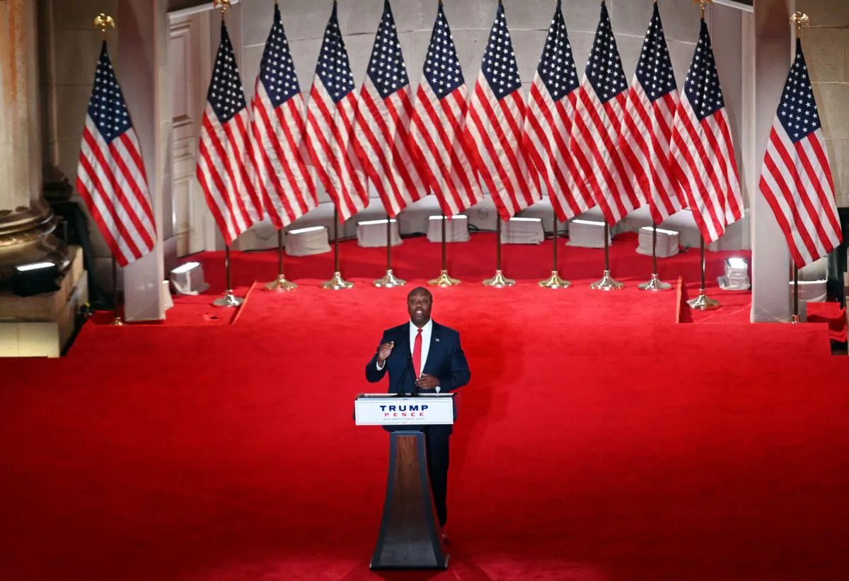 Sen. Tim Scott (R-S.C.) speaks during the first day of the Republican convention at the Mellon auditorium in Washington, D.C., on Aug. 24, 2020. (Olivier DOULIERY/AFP)