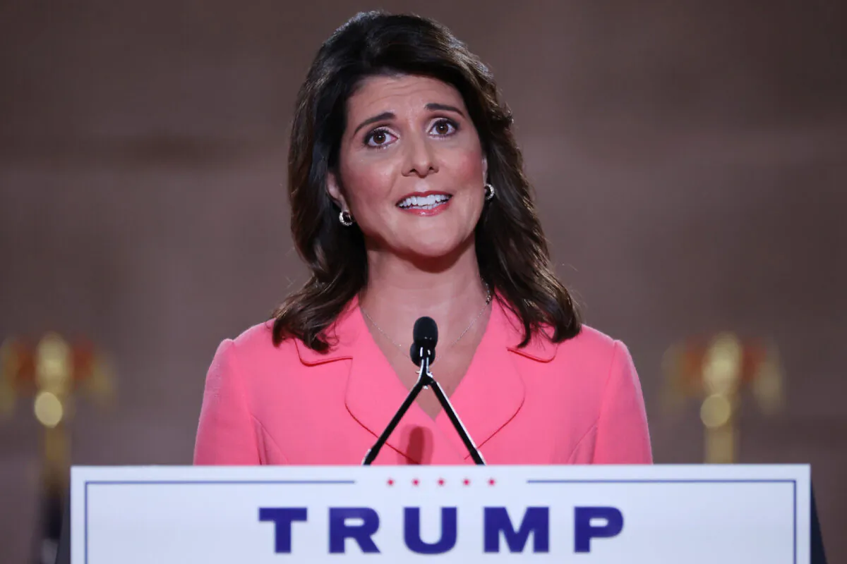 Former U.S. Ambassador to the United Nations Nikki Haley at the Mellon Auditorium in Washington while addressing the Republican National Convention on August 24, 2020. (Chip Somodevilla/Getty Images)