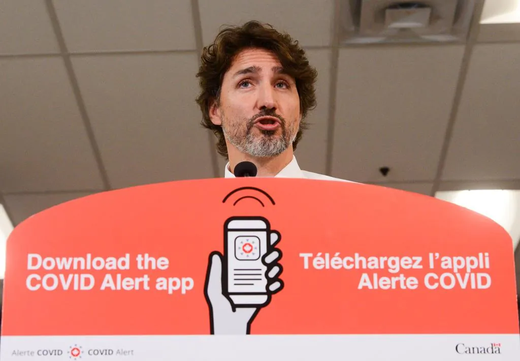 Prime Minister Justin Trudeau holds a press conference as he visits the Public Health Agency of Canada during the COVID-19 pandemic in Ottawa on July 31, 2020. Quebec is announcing it doesn't intend to use the federal COVID-19 contact tracing app, at least for now. (Sean Kilpatrick/The Canadian Press)