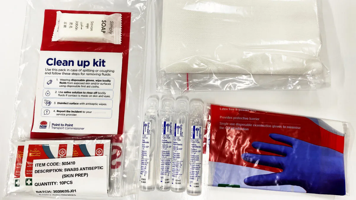 Clean up kits containing gloves, saline eye wash, antiseptic swabs, soap, and first aid hand towels have been provided to drivers to reduce the spread of illness. (Supplied)