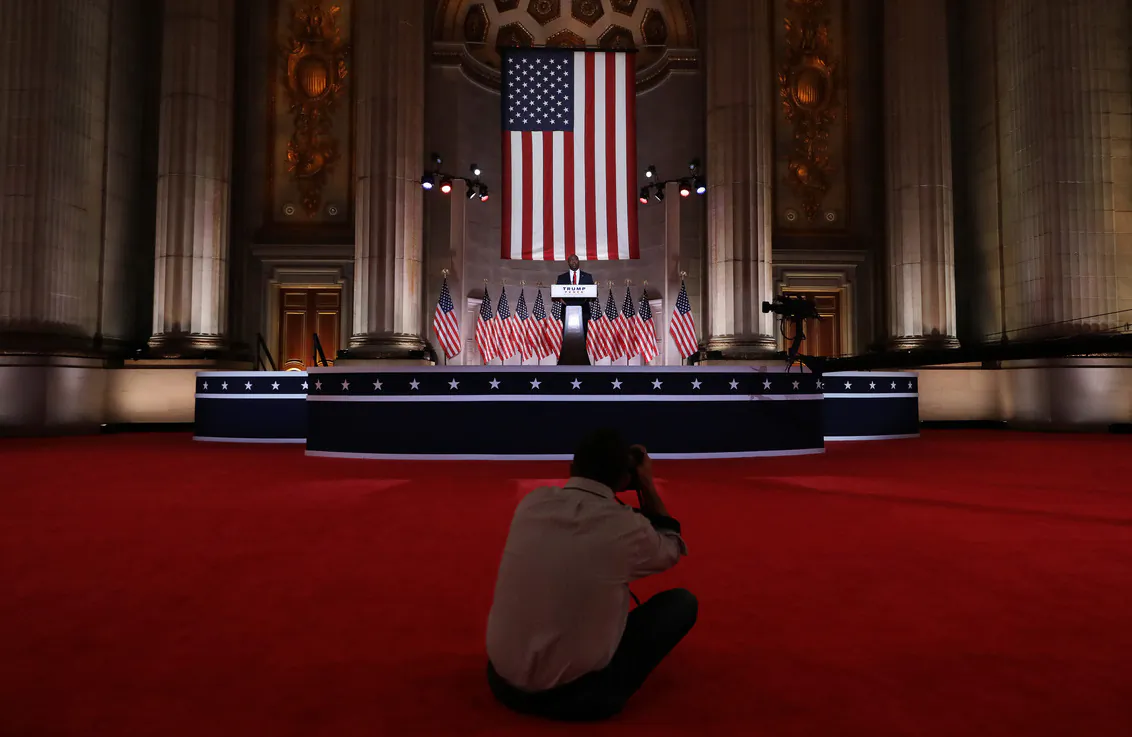 Sen. Tim Scott (R-SC) stands on stage in an empty Mellon Auditorium while addressing the Republican National Convention at the Mellon Auditorium in Washington on Aug. 24, 2020. (Chip Somodevilla/Getty Images)