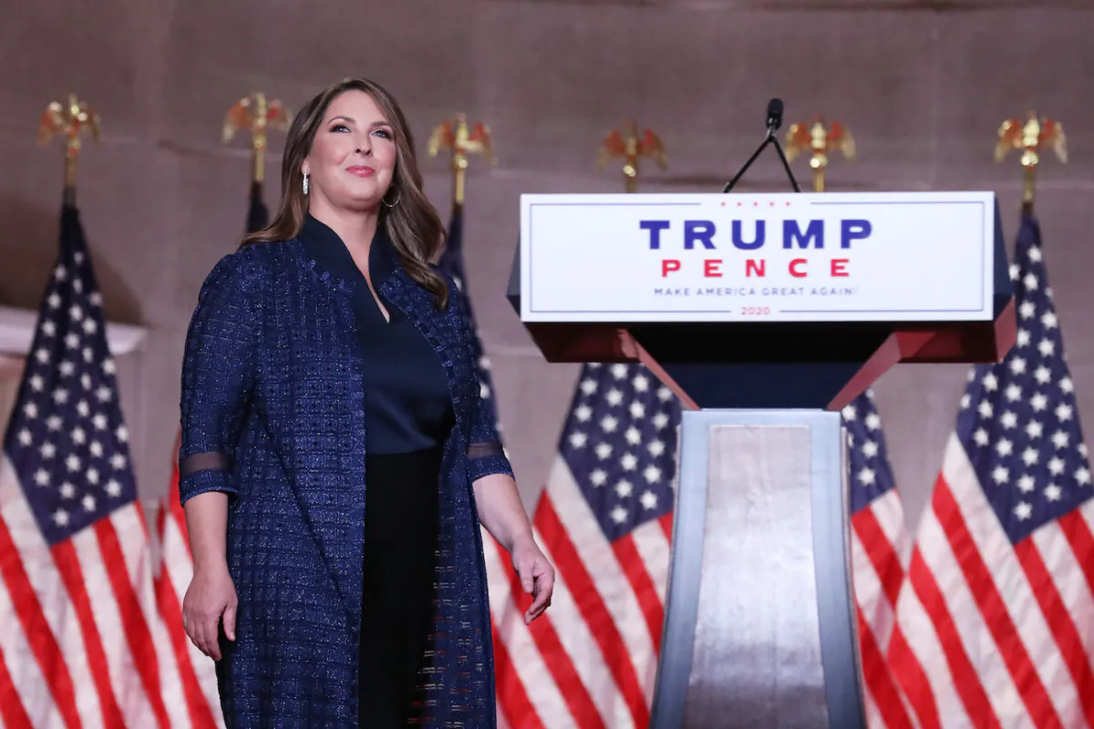 Chair of the Republican National Committee Ronna McDaniel stands on stage while addressing the Republican National Convention at the Mellon Auditorium in Washington on Aug. 24, 2020. (Chip Somodevilla/Getty Images)