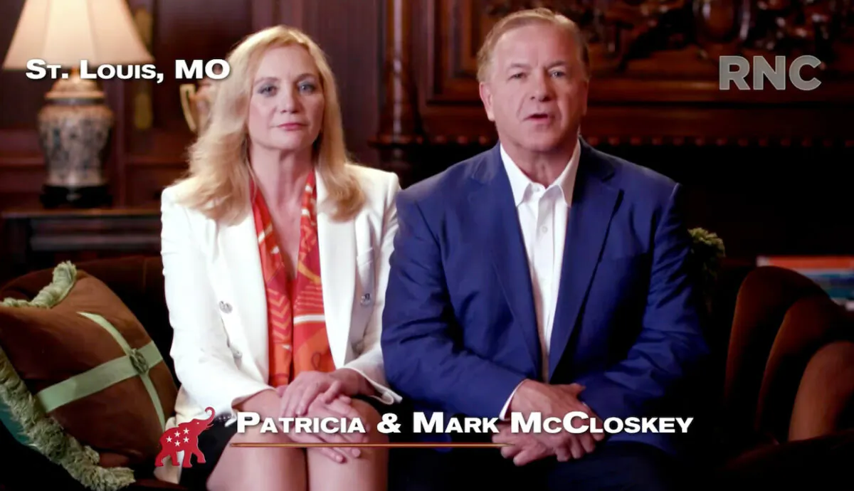 In this screenshot from the RNC's livestream of the 2020 Republican National Convention, Patricia and Mark McCloskey, a couple from St. Louis who pointed guns at Black Lives Matter protesters, address the virtual convention in a pre-recorded video on Aug. 24, 2020. (Courtesy of the Committee on Arrangements for the 2020 Republican National Committee via Getty Images)
