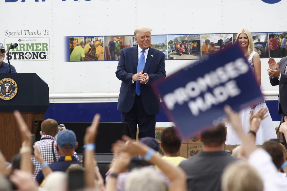 President Donald Trump speaks at Flavor 1st Growers & Packers in Mills River, North Carolina, on Aug. 24, 2020. (Brian Blanco/Getty Images)