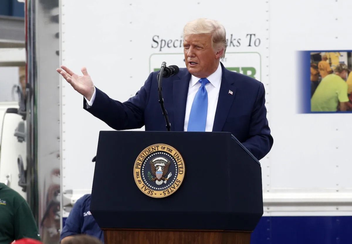 President Donald Trump speaks at Flavor 1st Growers & Packers in Mills River, N.C., on Aug. 24, 2020. (Brian Blanco/Getty Images)