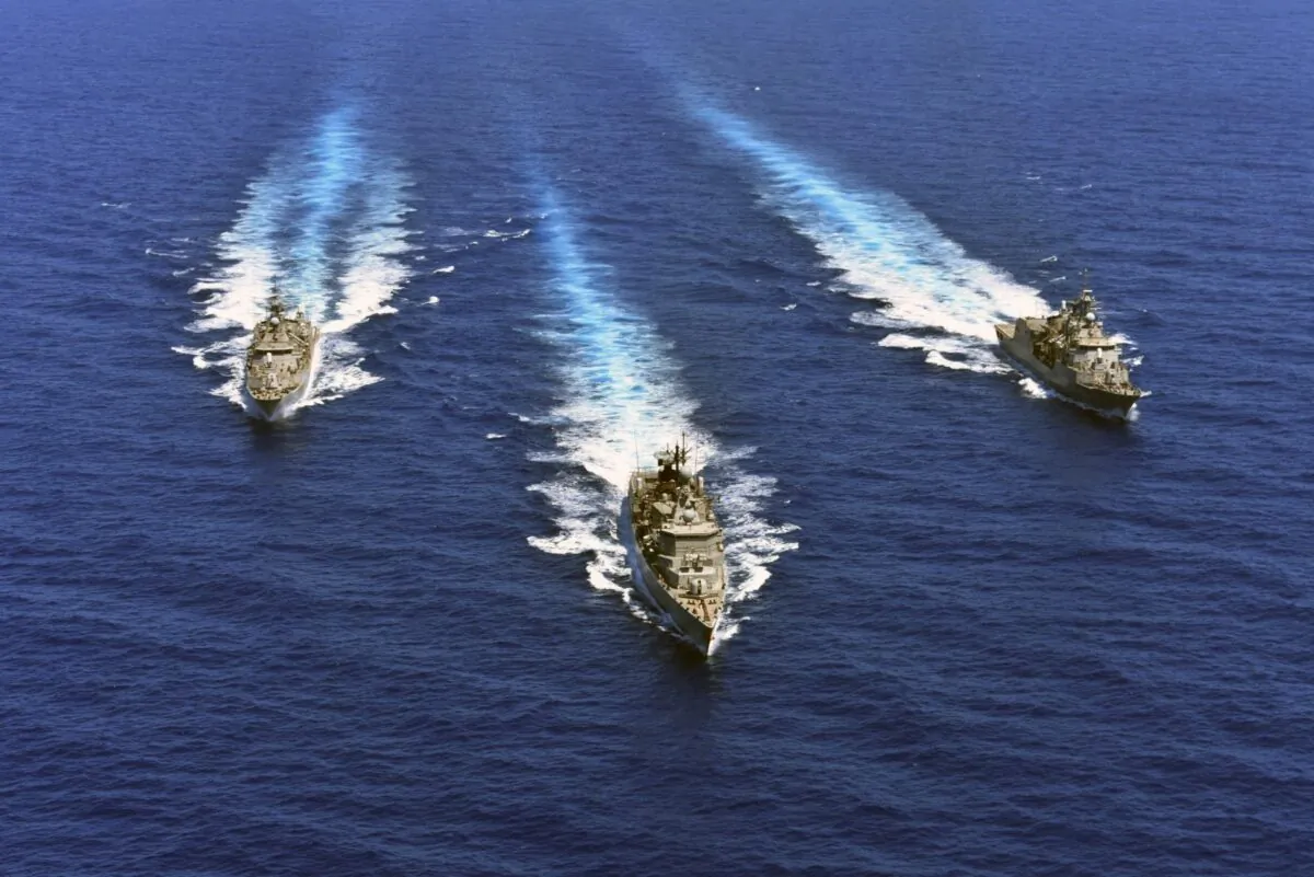 In this photo provided by the Greek Defense Ministry, warships take part in a military exercise in Eastern Mediterranean sea, on Aug. 25, 2020. (Greek Defense Ministry via AP)
