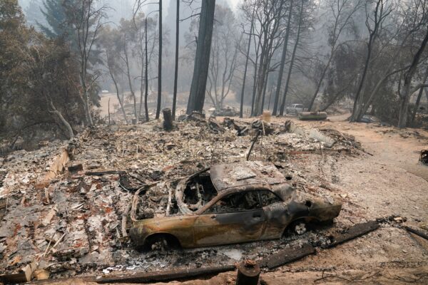 A fire-ravaged neighborhood is seen in Boulder Creek,