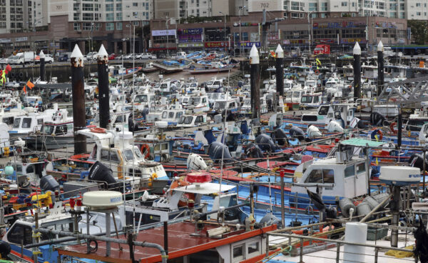 Fishing boats are tied at a port in Mokpo,