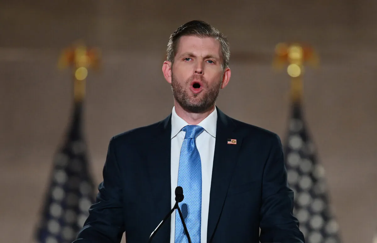 Eric Trump delivers a pre-recorded speech at the Andrew W. Mellon Auditorium in Washington, DC, on Aug. 25, 2020. (Olivier Douliery/AFP via Getty Images)