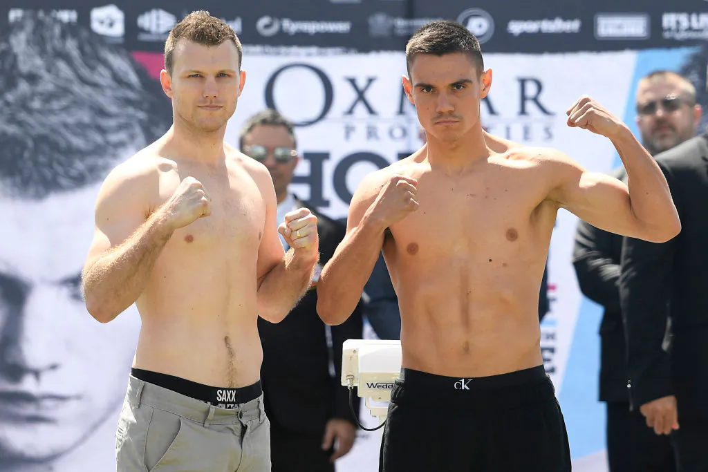 Jeff Horn and Tim Tszyu face off during the weigh-in for their WBO Global & IBF Australasian Super Welterweight title bout, at The Ville Casino on August 25, 2020 in Townsville, Australia. (Ian Hitchcock/Getty Images)