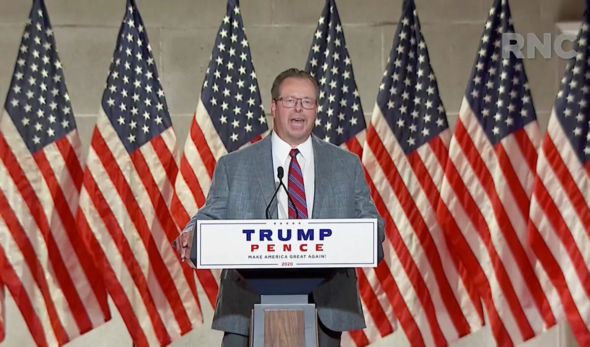 In this screenshot from the RNC’s livestream of the 2020 Republican National Convention, John Peterson, owner and chief executive of metal fabricator Schuette Metals, addresses the virtual convention on Aug. 25, 2020. (Courtesy of the Committee on Arrangements for the 2020 Republican National Committee via Getty Images)