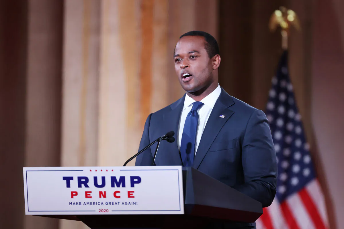 Kentucky Attorney General Daniel Cameron stands on stage in an empty Mellon Auditorium while addressing the Republican National Convention in Washington on Aug. 25, 2020. (Chip Somodevilla/Getty Images)