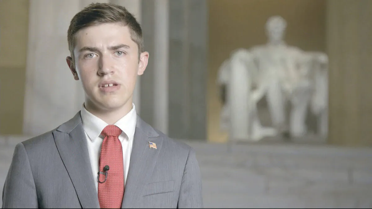 In this image from video, Nicholas Sandmann speaks from Washington, during the second night of the Republican National Convention, on Aug. 25, 2020. (Courtesy of the Committee on Arrangements for the 2020 Republican National Committee via AP)