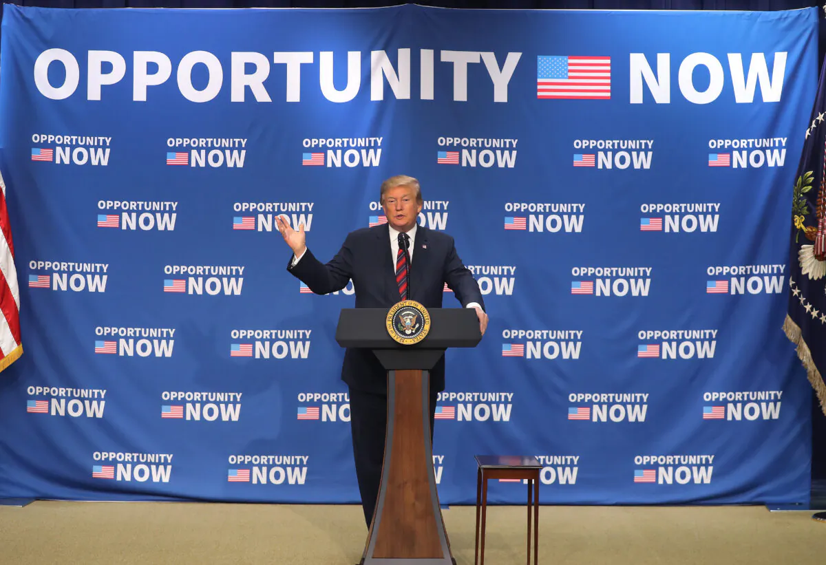 President Donald Trump speaks during an Opportunity Zone conference with state, local, tribal and community leaders, in the Eisenhower Executive Office Building in Washington, DC on April 17, 2019. (Mark Wilson/Getty Images)