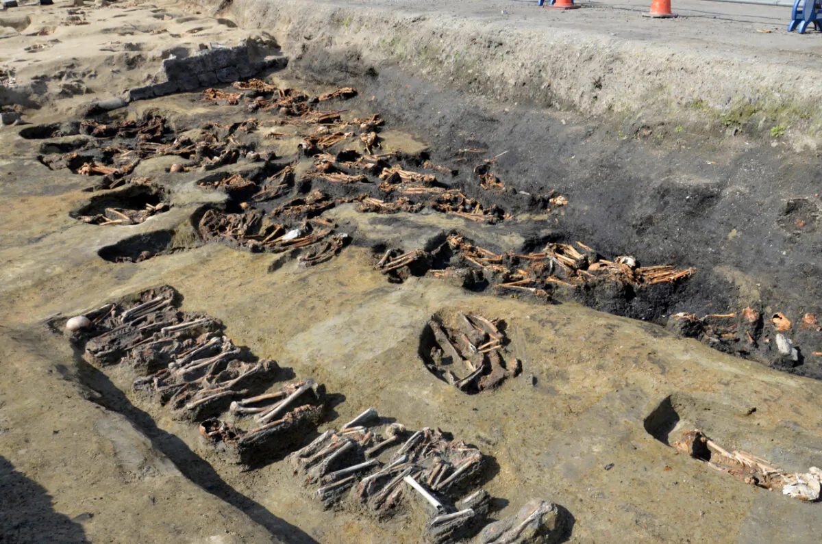 Archaeologists dug up remains of more than 1,500 people, many of them showing signs of death from epidemic, at the site of a 19th century mass grave during excavation ahead of a city development project near a main train station in Osaka, western Japan. (Osaka City Cultural Properties Association via AP)