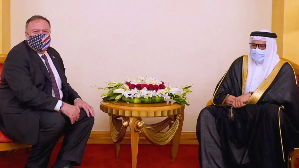 U.S. Secretary of State, Mike Pompeo meets with Bahrain Foreign Minister Abdullatif bin Rashid Al Zayani during his visit to Manama, Bahrain on Aug. 25, 2020. (Bahrain News Agency/Handout via Reuters)