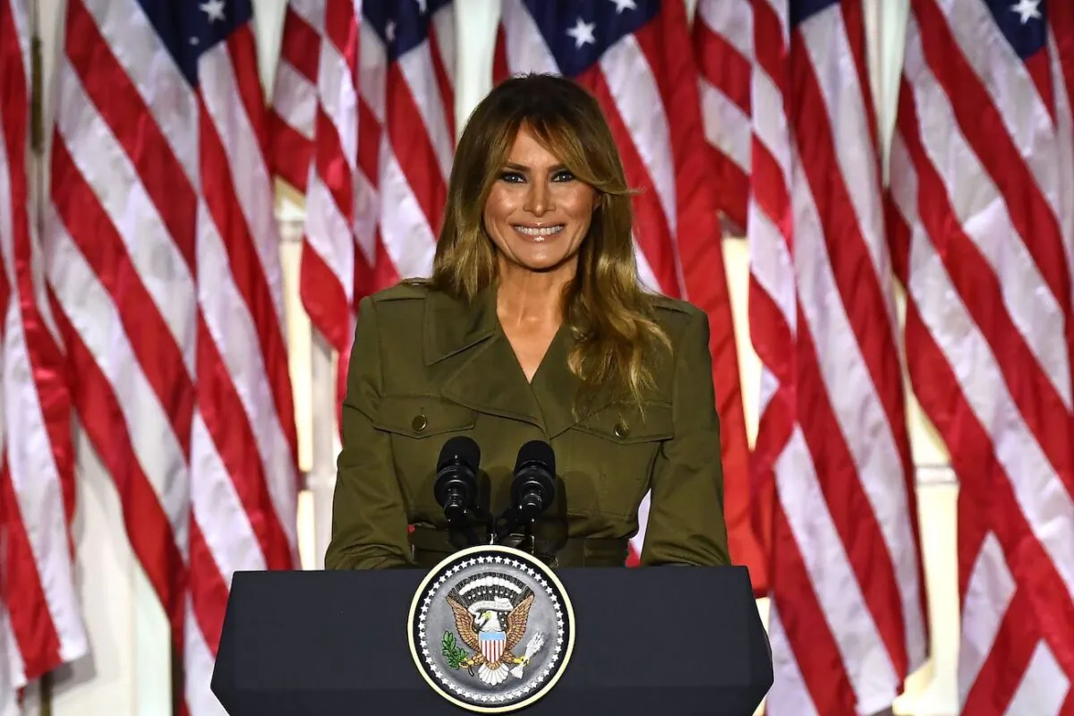 First Lady Melania Trump addresses the Republican Convention during its second day from the Rose Garden of the White House in Washington on Aug. 25, 2020. (Brendan Smialowski/AFP via Getty Images)