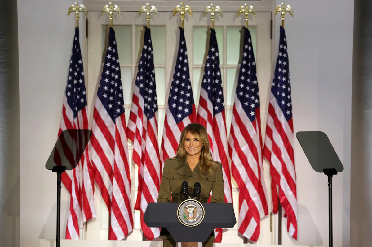 First lady Melania Trump addresses the Republican National Convention from the Rose Garden at the White House in Washington, on August 25, 2020. (Alex Wong/Getty Images)