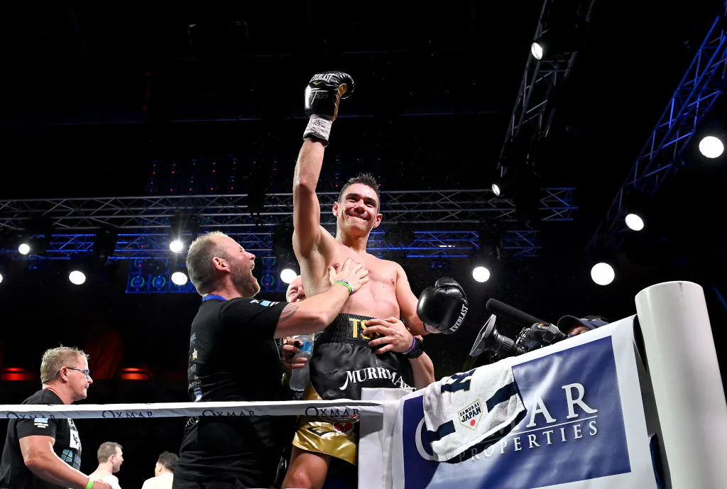 Tim Tszyu celebrates victory in his fight against Jeff Horn during the WBO Global & IBF Australasian Super Welterweight title bout at QCB Stadium on August 26, 2020 in Townsville, Australia. ( Bradley Kanaris/Getty Images)