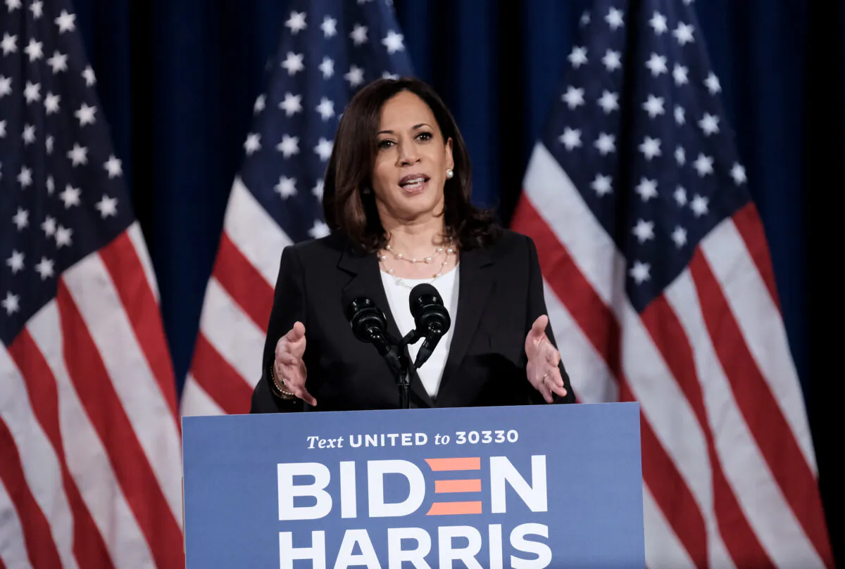 Democratic Vice Presidential nominee Sen. Kamala Harris (D-Calif.), delivers remarks during a campaign event in Washington, on Aug. 27, 2020. (Michael A. McCoy/Getty Images)