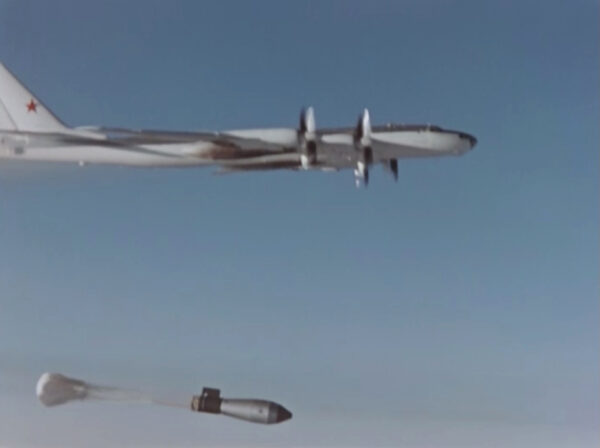 A plane drops the so-called Tsar Bomba in a test over the remote Novaya Zemlya archipelago