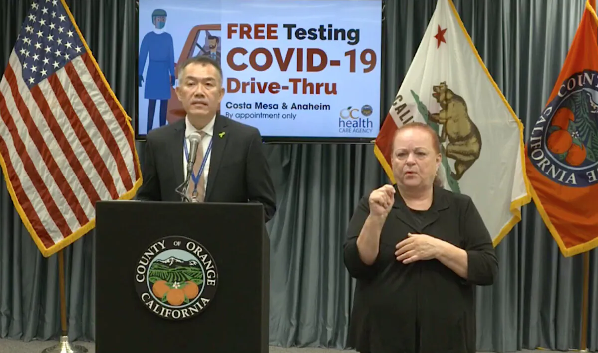 Orange County Health Care Agency Director Dr. Clayton Chau discusses his selection as county health officer at a press conference with a sign language interpreter in a screenshot taken from a livestream in Santa Ana, Calif., on Aug. 27, 2020. (Screenshot/OCGov/Facebook)